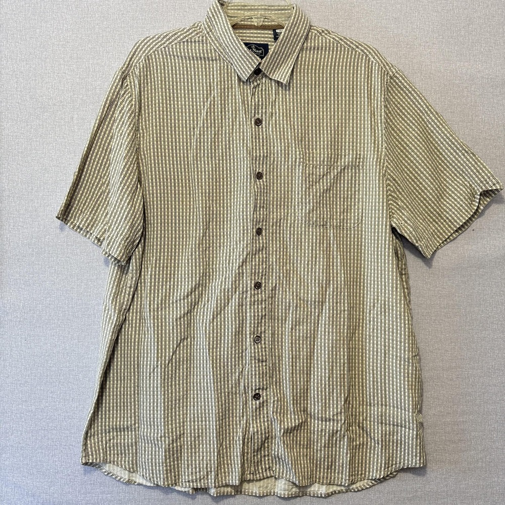 Nat Nast Shirt Mens Large Beige Plaid Silk Short Sleeve Button Front Casual